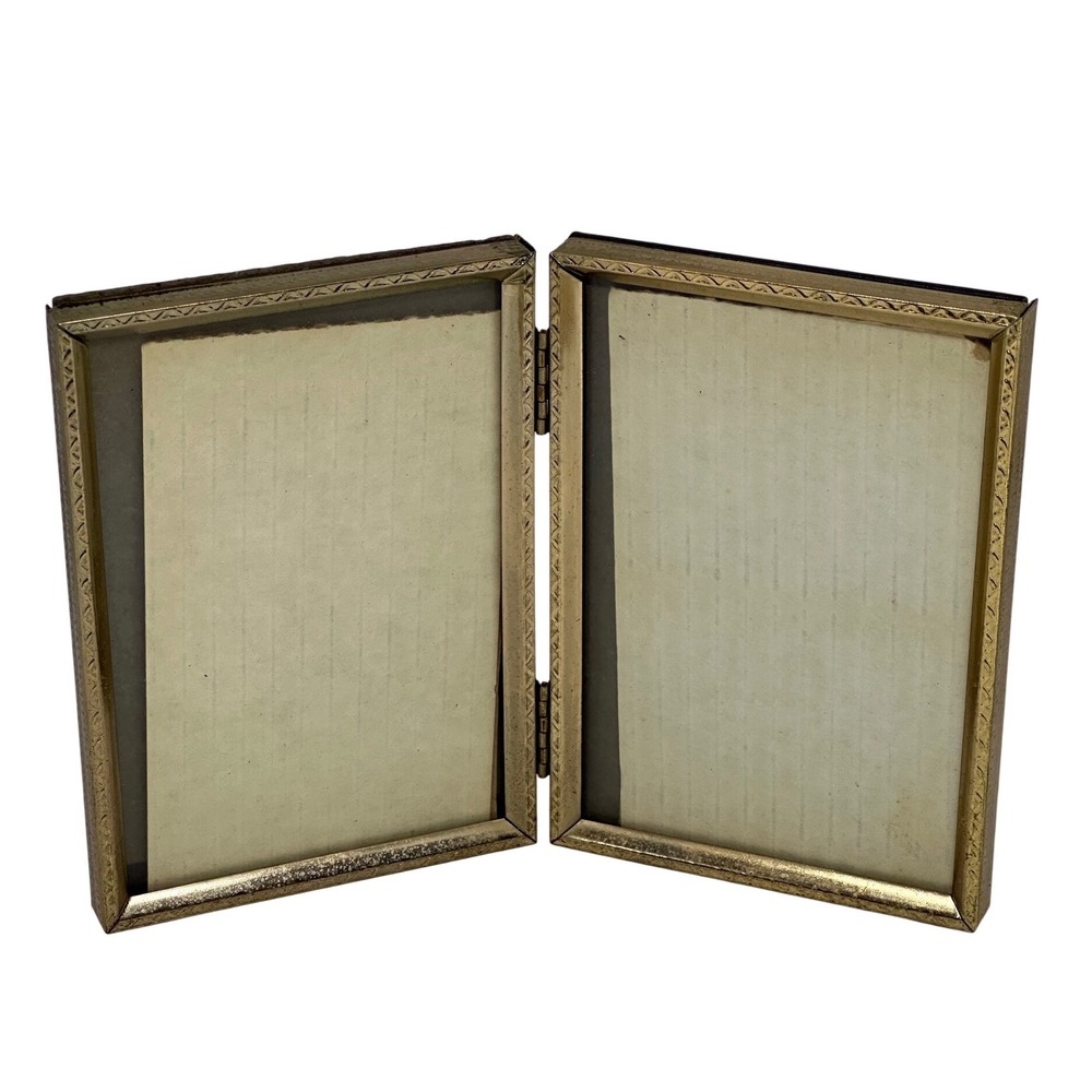 VTG Double Picture Frame Gold Tone Metal Hinged Folding Ornate Border 6x8